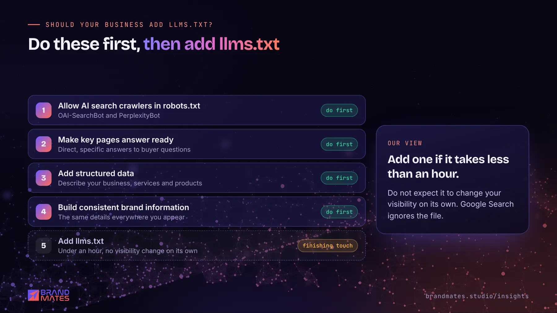 Priority list for AI visibility with crawler access, answer ready pages, schema and brand consistency ahead of llms.txt