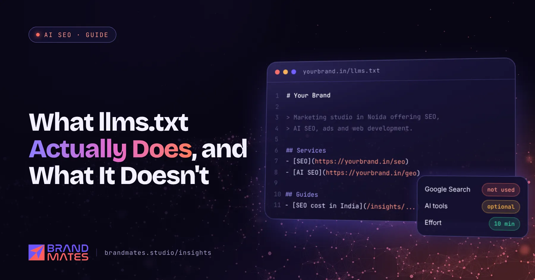 Example llms.txt file in a code editor with notes on how Google and AI tools treat it