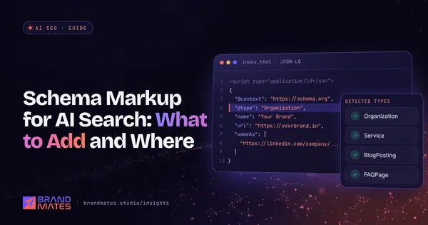 JSON-LD Organization schema in a code editor with a panel of detected schema types